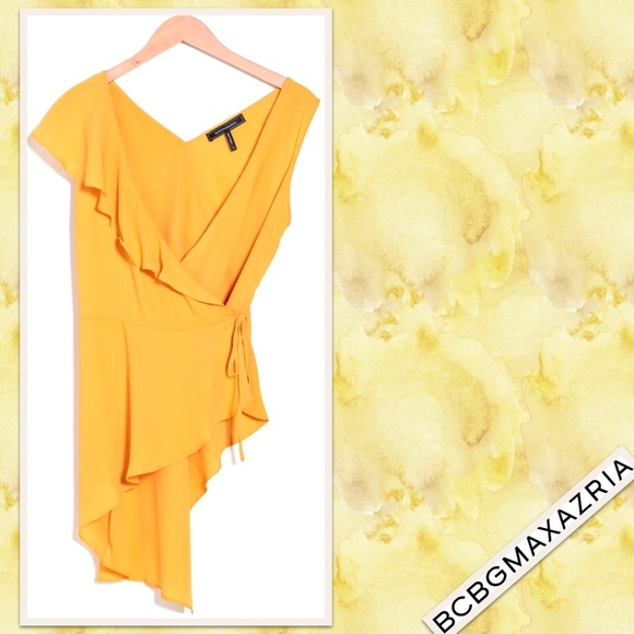 BCBGMAXAZRIA Surplice Ruffle Asymmetrical Top in Golden Glow (Gold / Yellow) - Picture 4 of 4